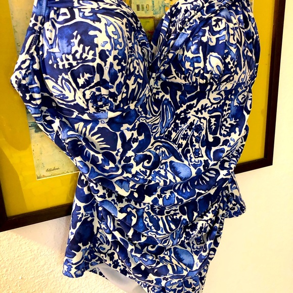 Seekers One Piece Tummy Control Panel Blue White Batik Sweetheart Swimsuit 12 - Picture 3 of 9